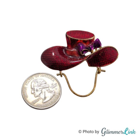 Vintage Red & Purple Enamel Hat Eyeglass Holder Brooch - Gold Tone - Picture 5 of 7